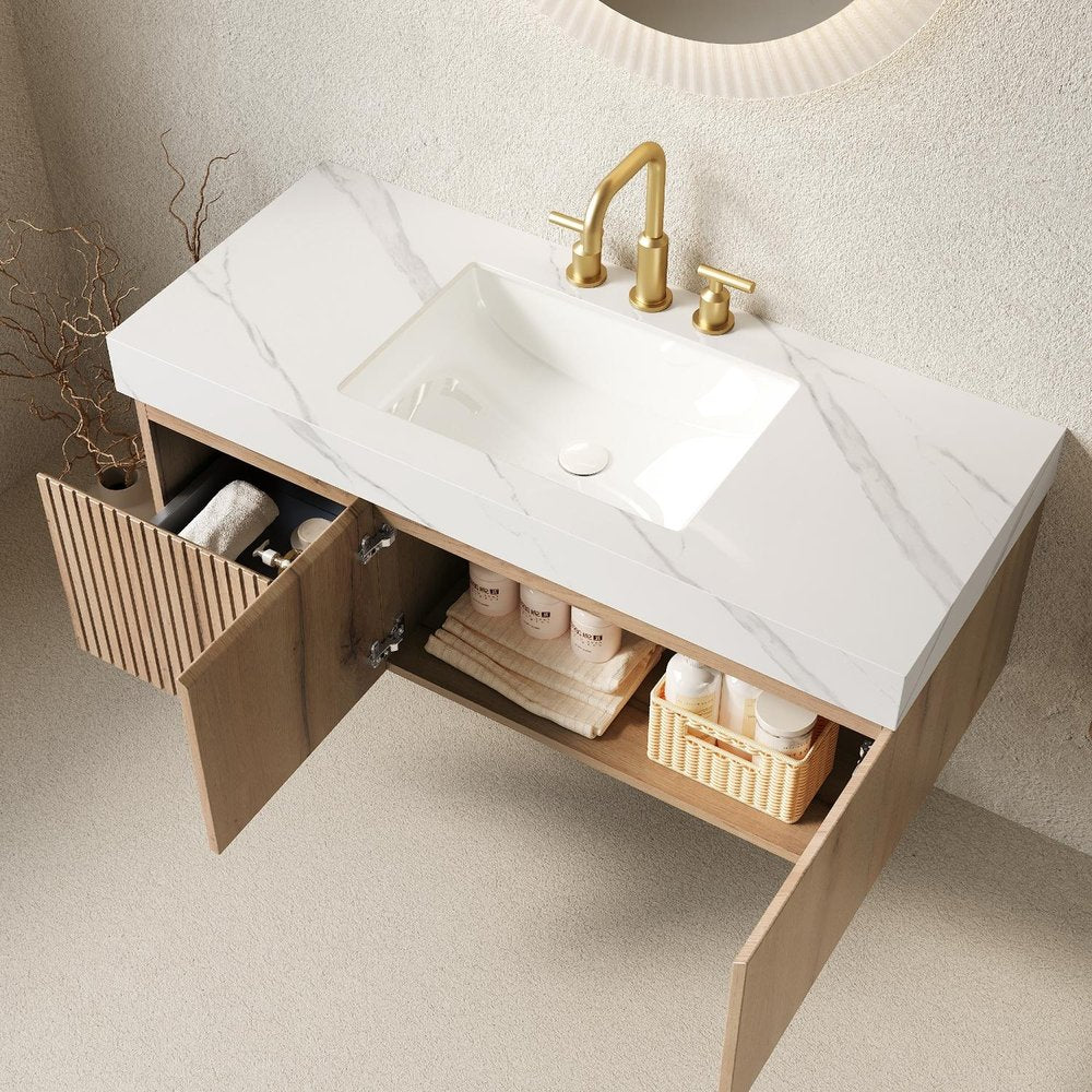 48" Brown Wood Floating Single Door Bathroom Vanity With White Sink