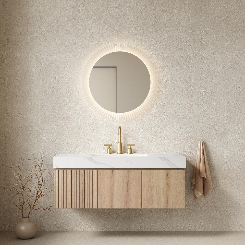 48" Brown Wood Floating Single Door Bathroom Vanity With White Sink