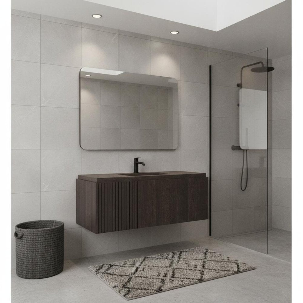 35" Brown Wood Floating Single Door Bathroom Vanity