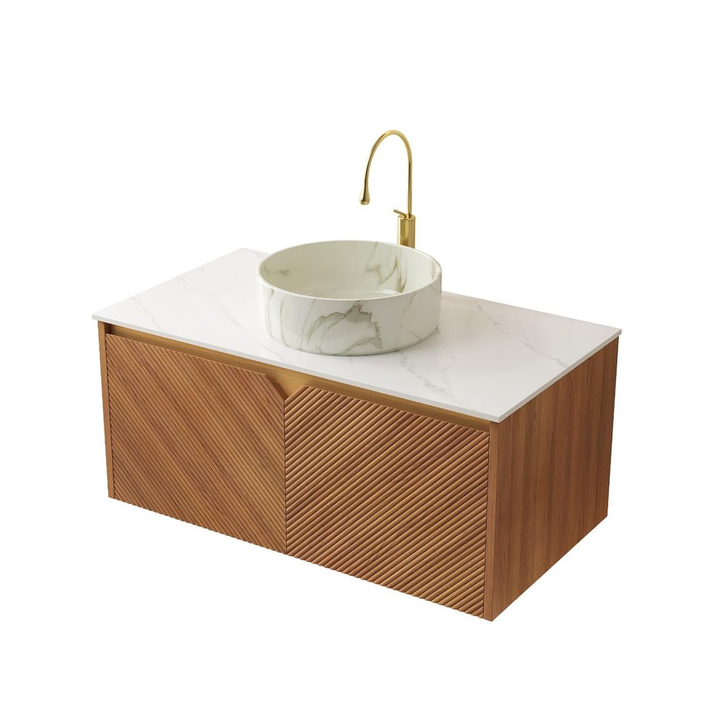 36" Brown Wood Floating Bathroom Vanity With White Sink And Two Drawers