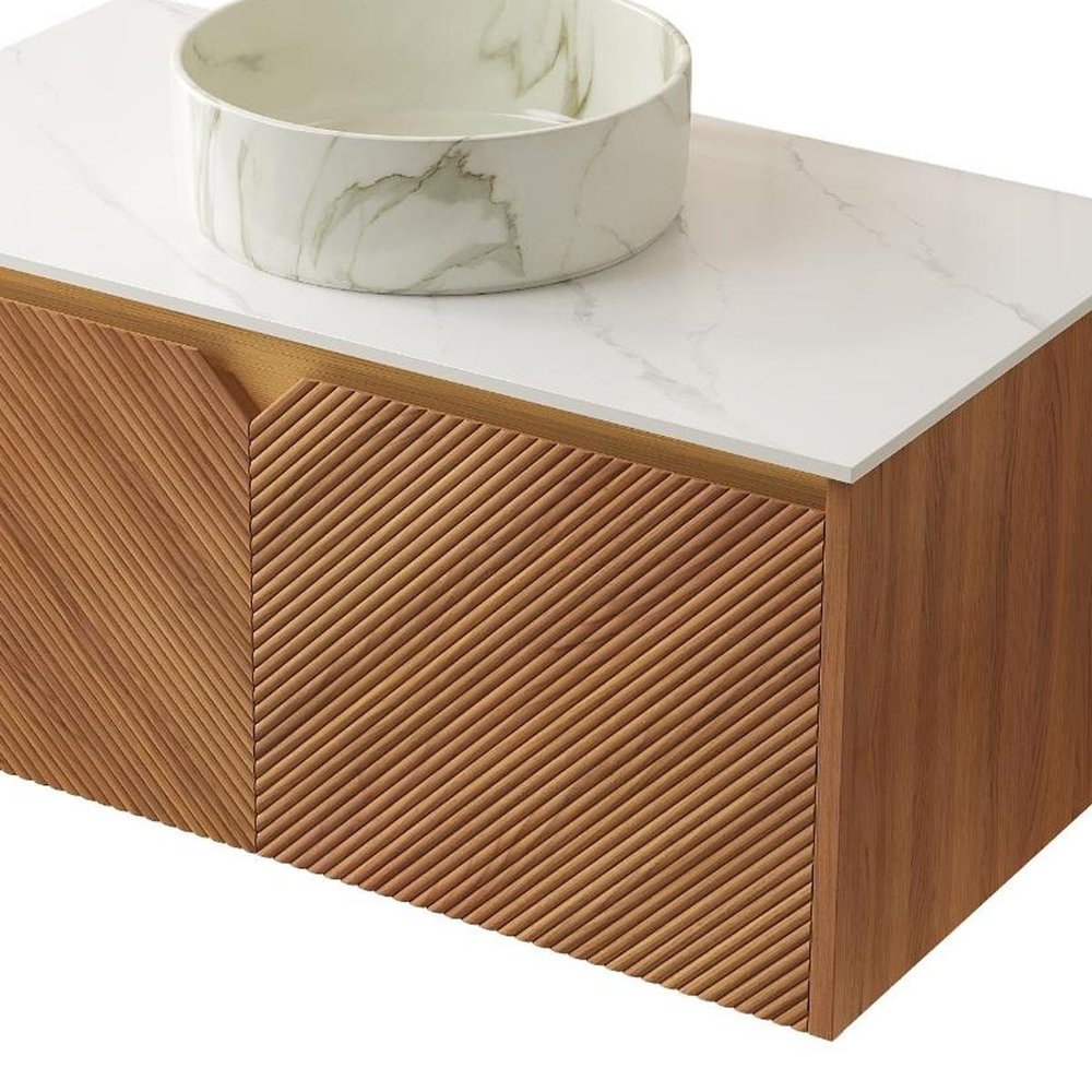 36" Brown Wood Floating Bathroom Vanity With White Sink And Two Drawers