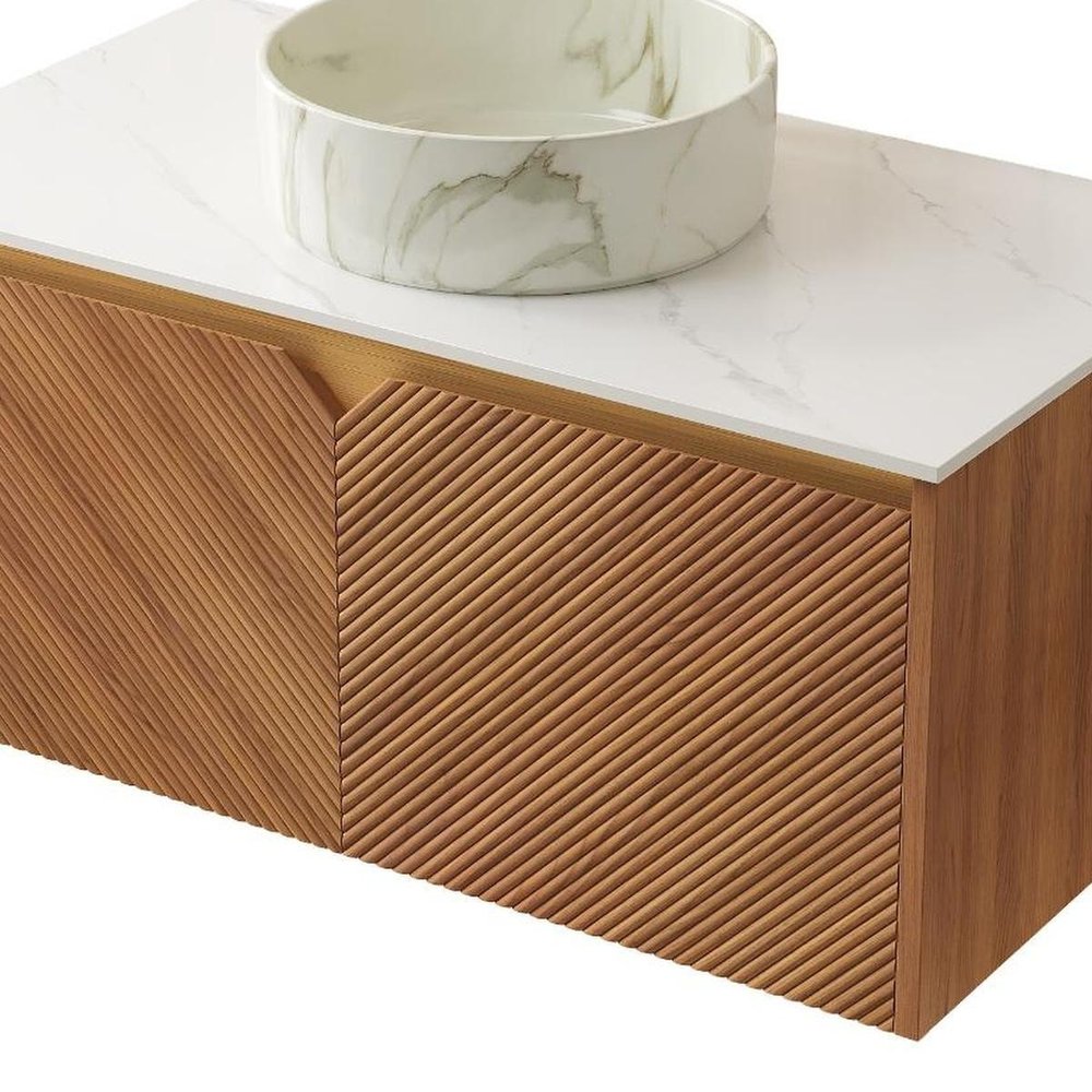 36" Brown Wood Floating Bathroom Vanity With White Sink And Two Drawers