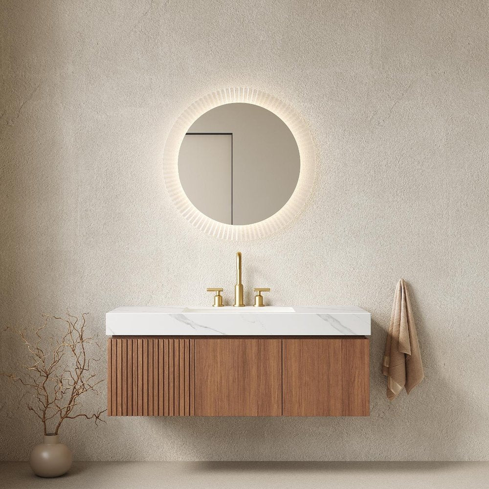 48" Brown Wood Floating Double Door Bathroom Vanity With White Sink
