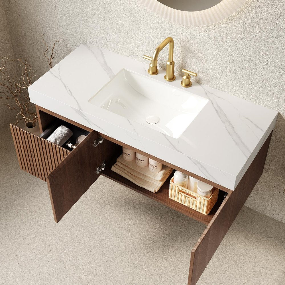 48" Brown Wood Floating Double Door Bathroom Vanity With White Sink