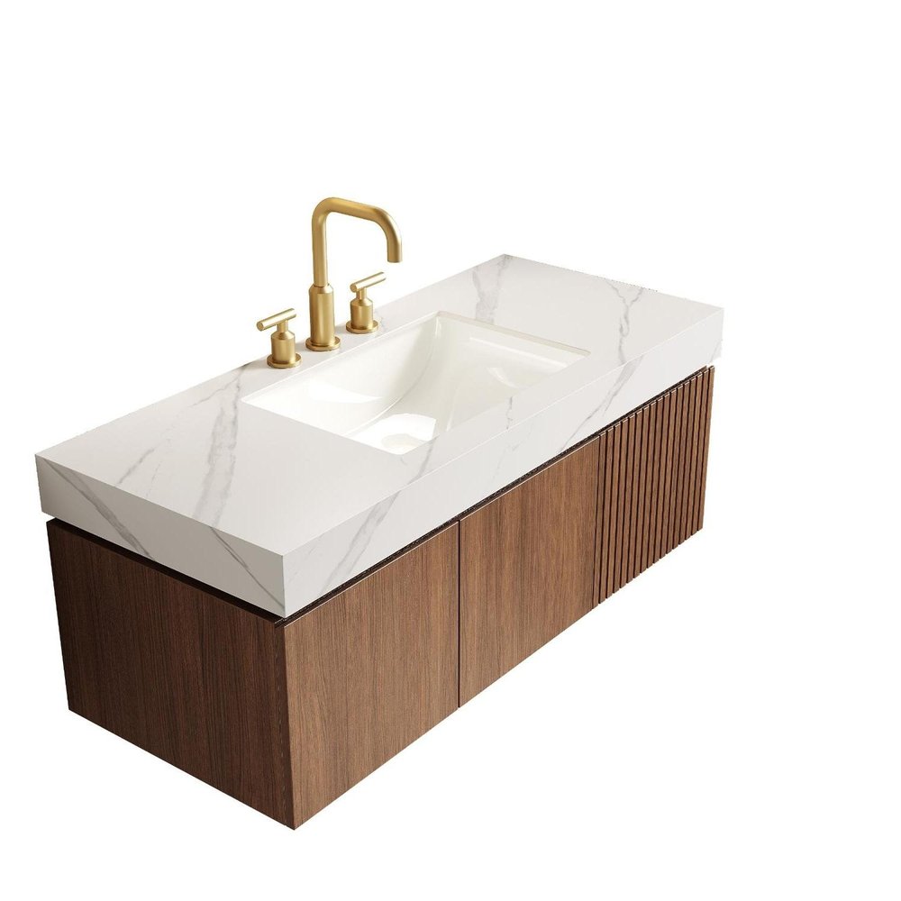 48" Brown Wood Floating Double Door Bathroom Vanity With White Sink