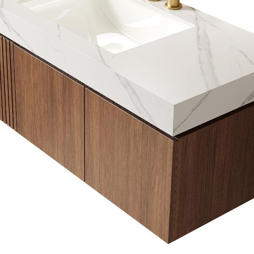 48" Brown Wood Floating Double Door Bathroom Vanity With White Sink