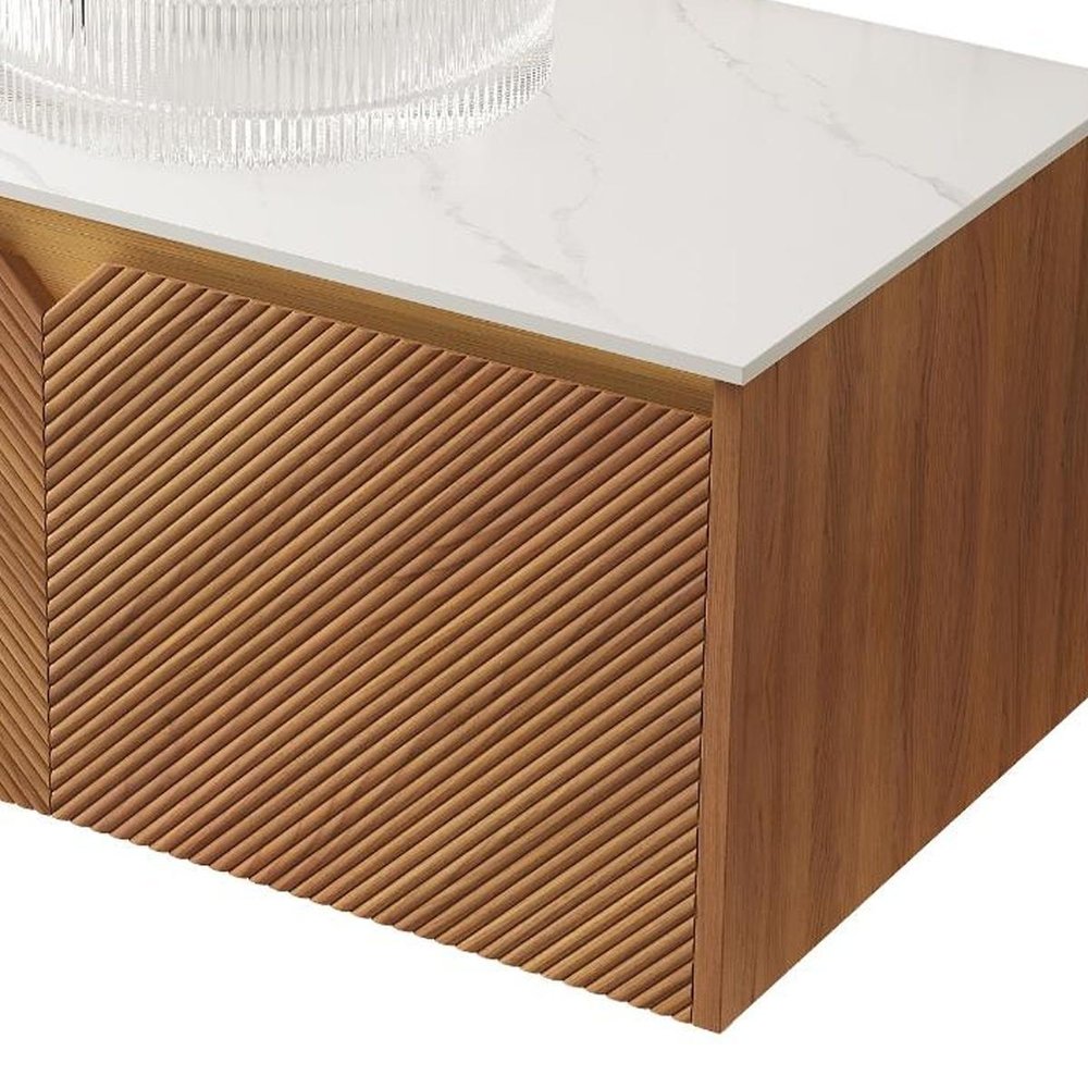 36" Brown Wood Floating Double Door Bathroom Vanity With White Sink