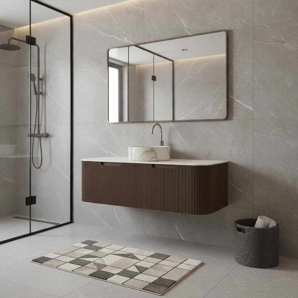 48" Brown Wood Floating Bathroom Vanity With White Sink And Two Drawers