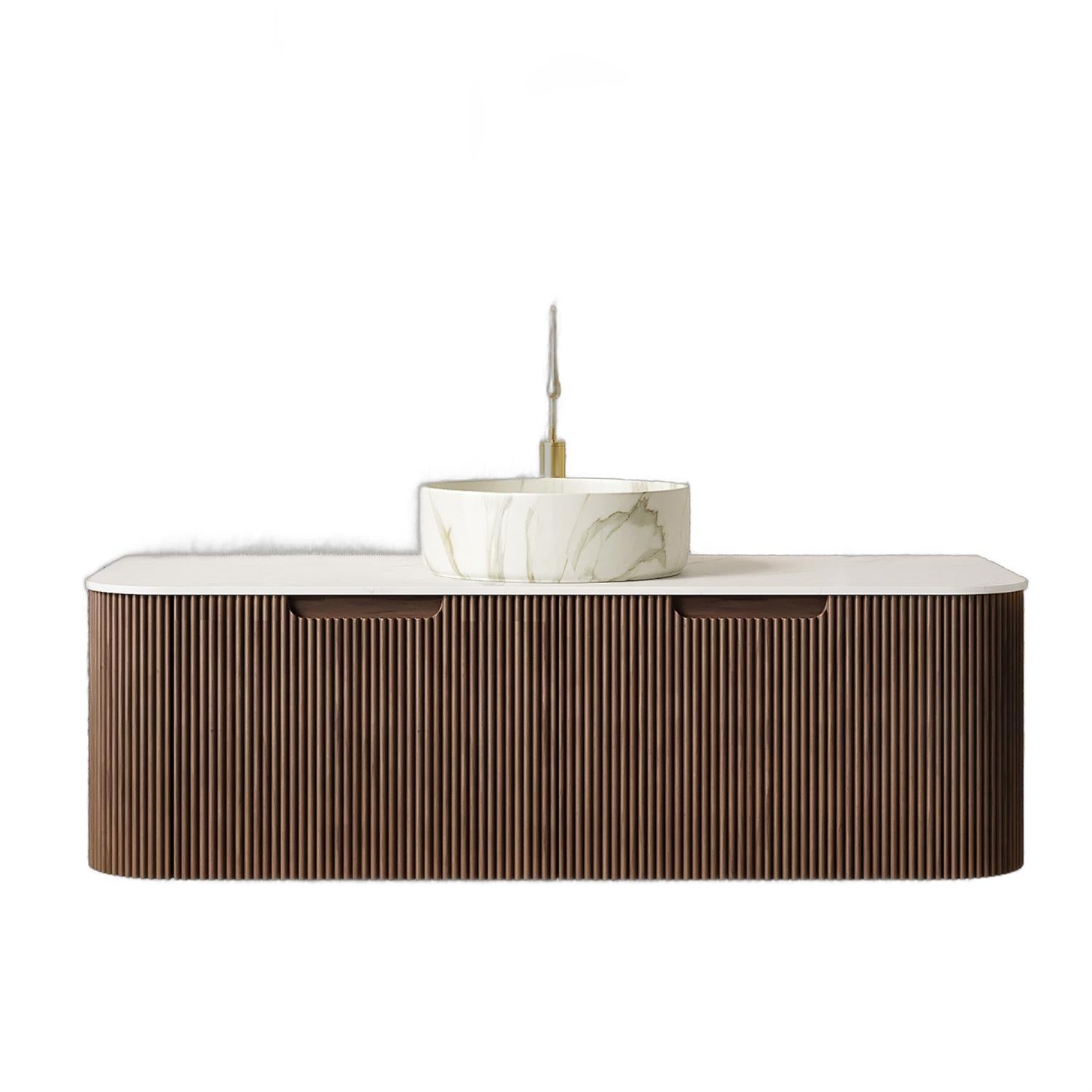 48" Brown Wood Floating Bathroom Vanity With White Sink And Two Drawers
