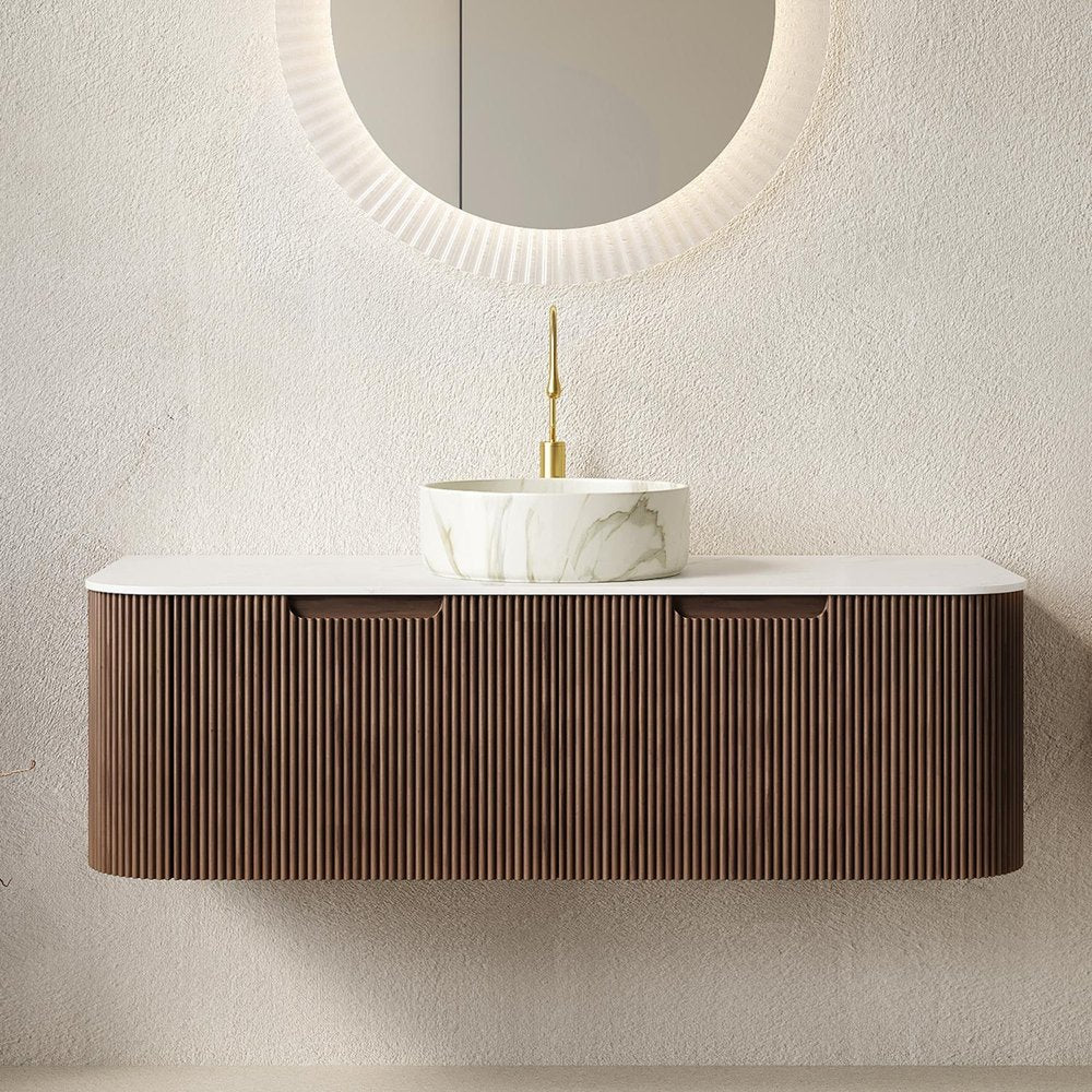 48" Brown Wood Floating Bathroom Vanity With White Sink And Two Drawers