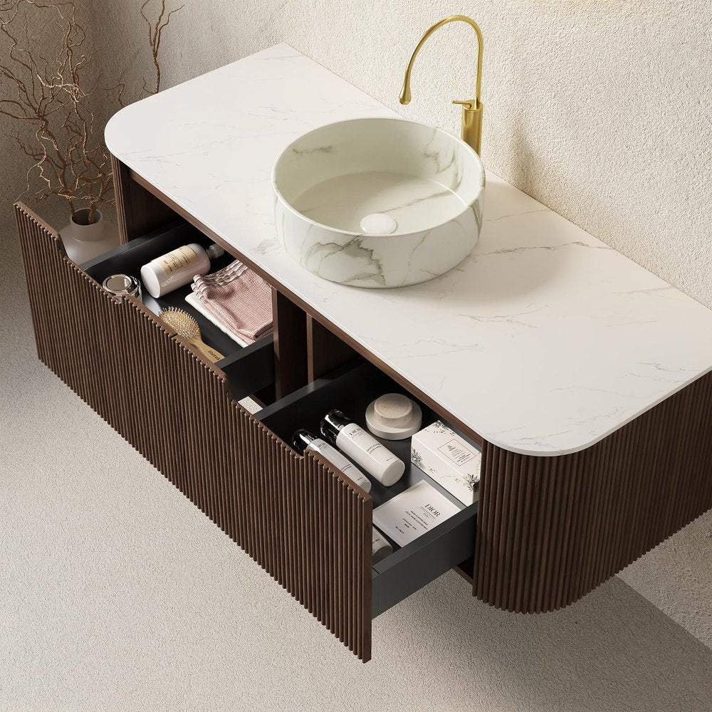 48" Brown Wood Floating Bathroom Vanity With White Sink And Two Drawers
