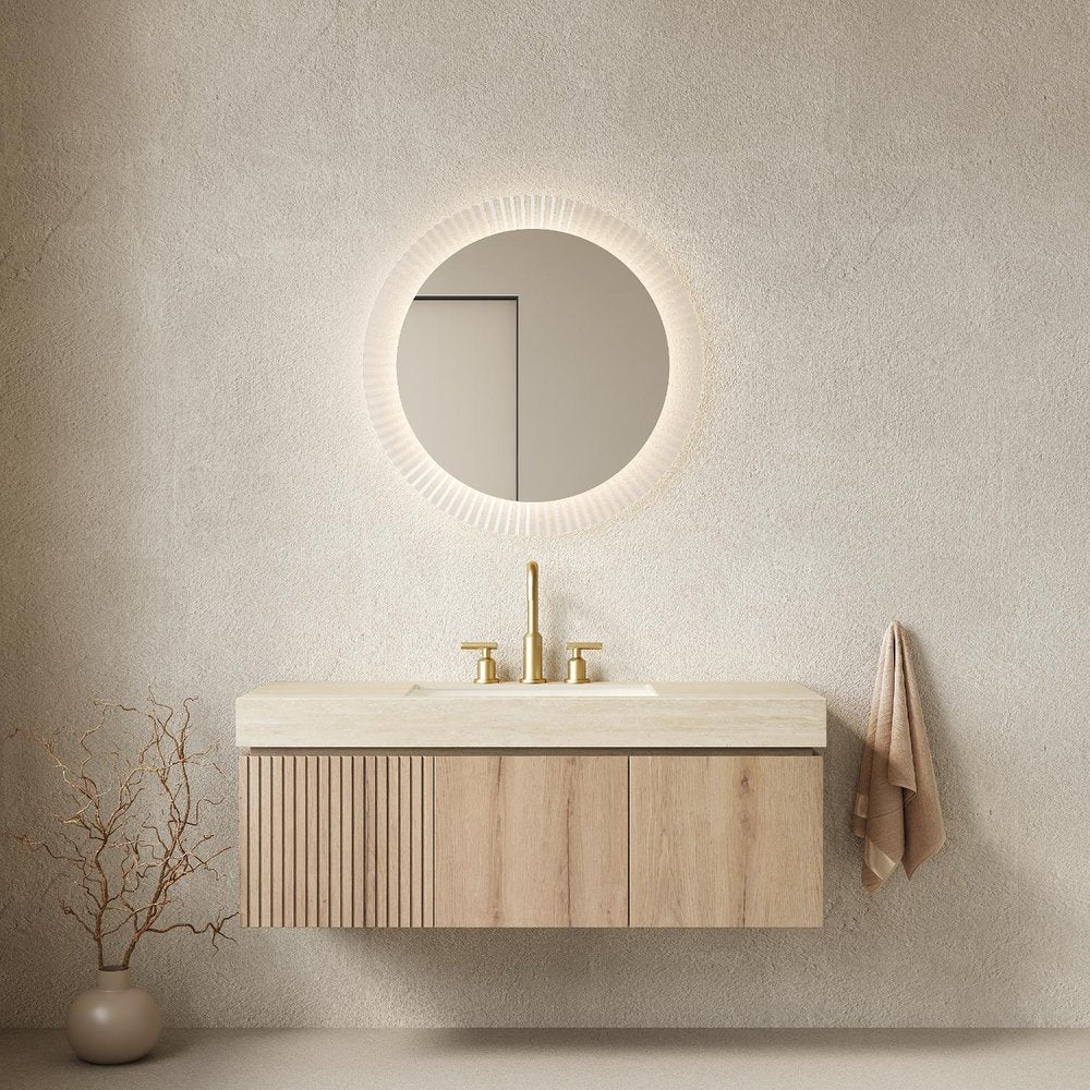 48" Brown Wood Floating Double Door Bathroom Vanity With White Sink