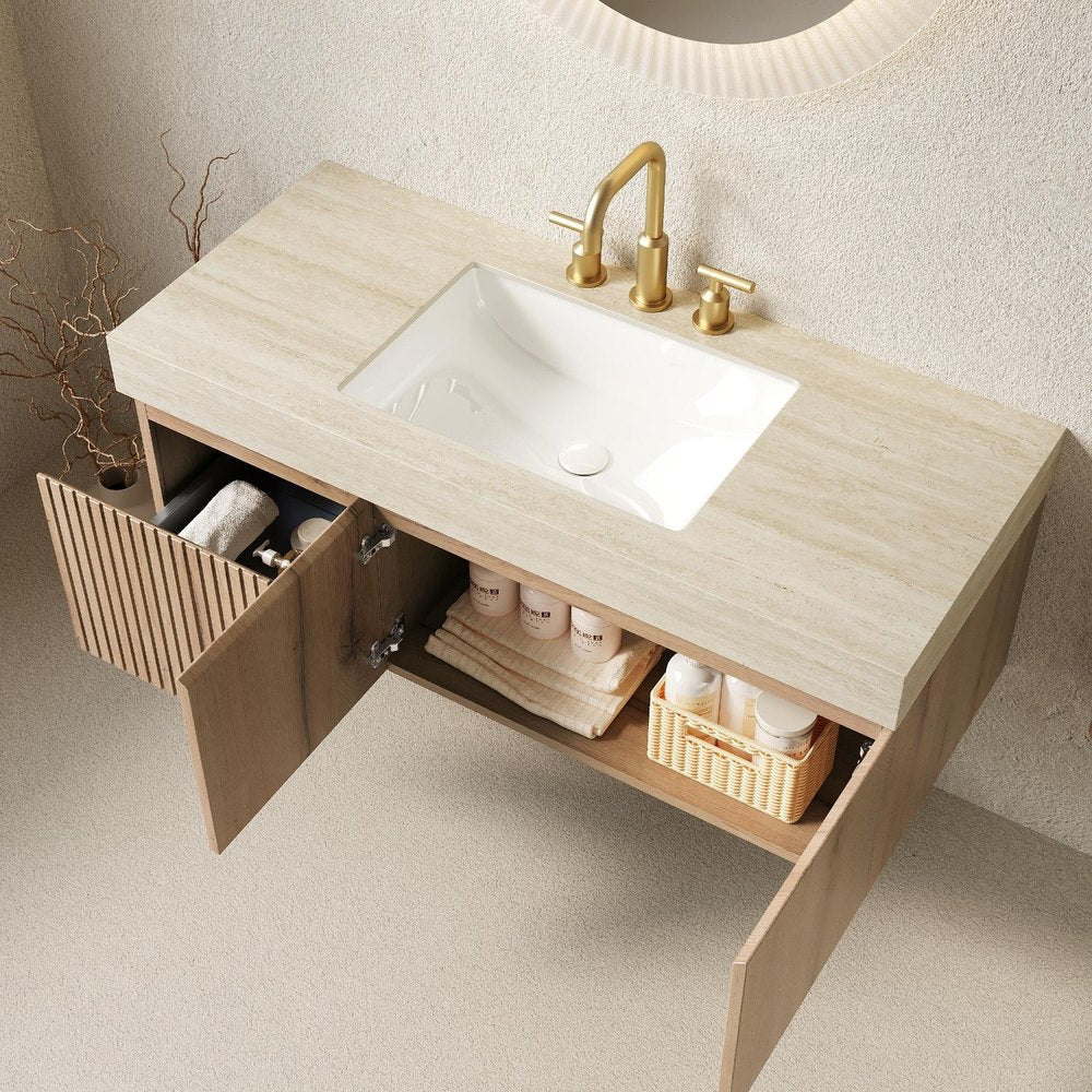 48" Brown Wood Floating Double Door Bathroom Vanity With White Sink