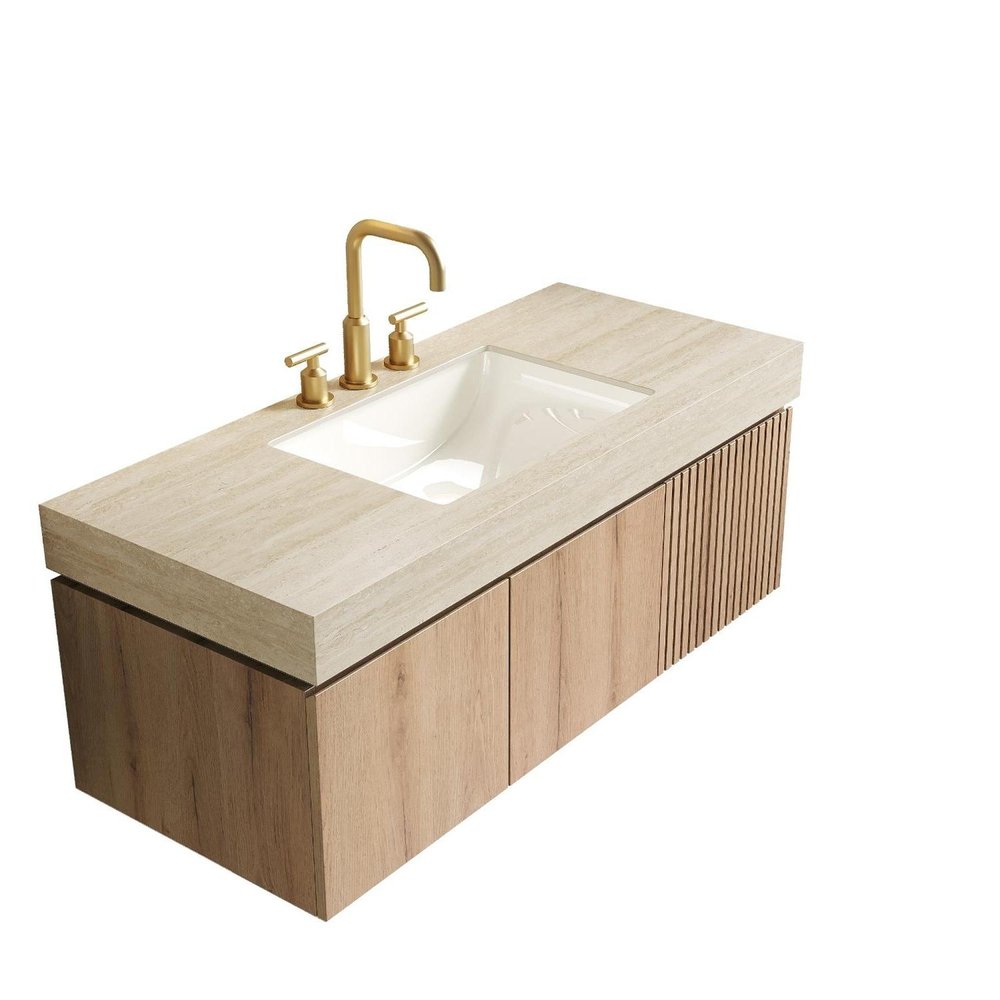 48" Brown Wood Floating Double Door Bathroom Vanity With White Sink