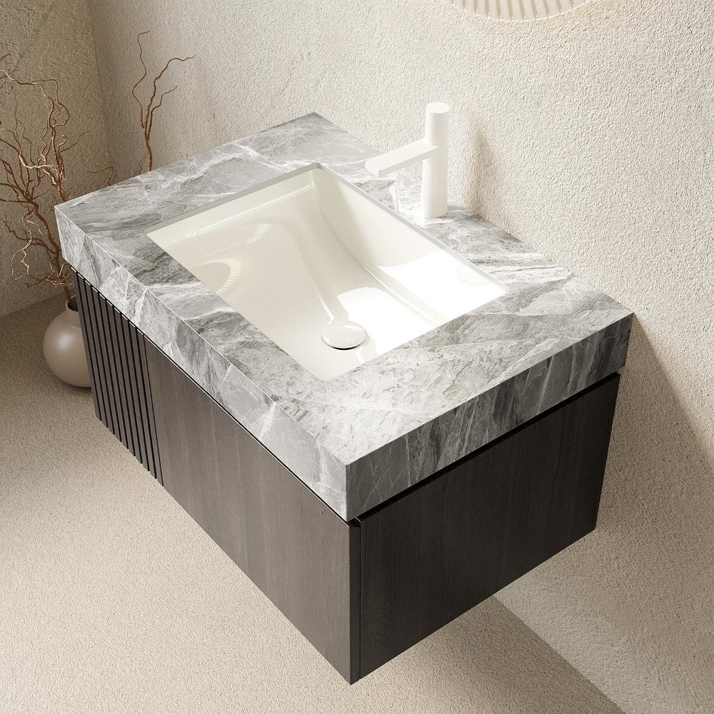 30" Black Wood Floating Single Door Bathroom Vanity With White Sink