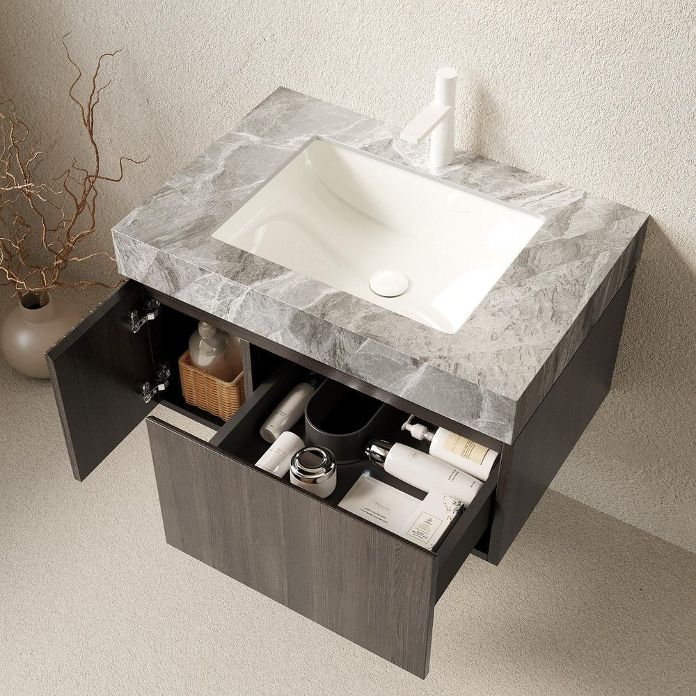 30" Black Wood Floating Single Door Bathroom Vanity With White Sink