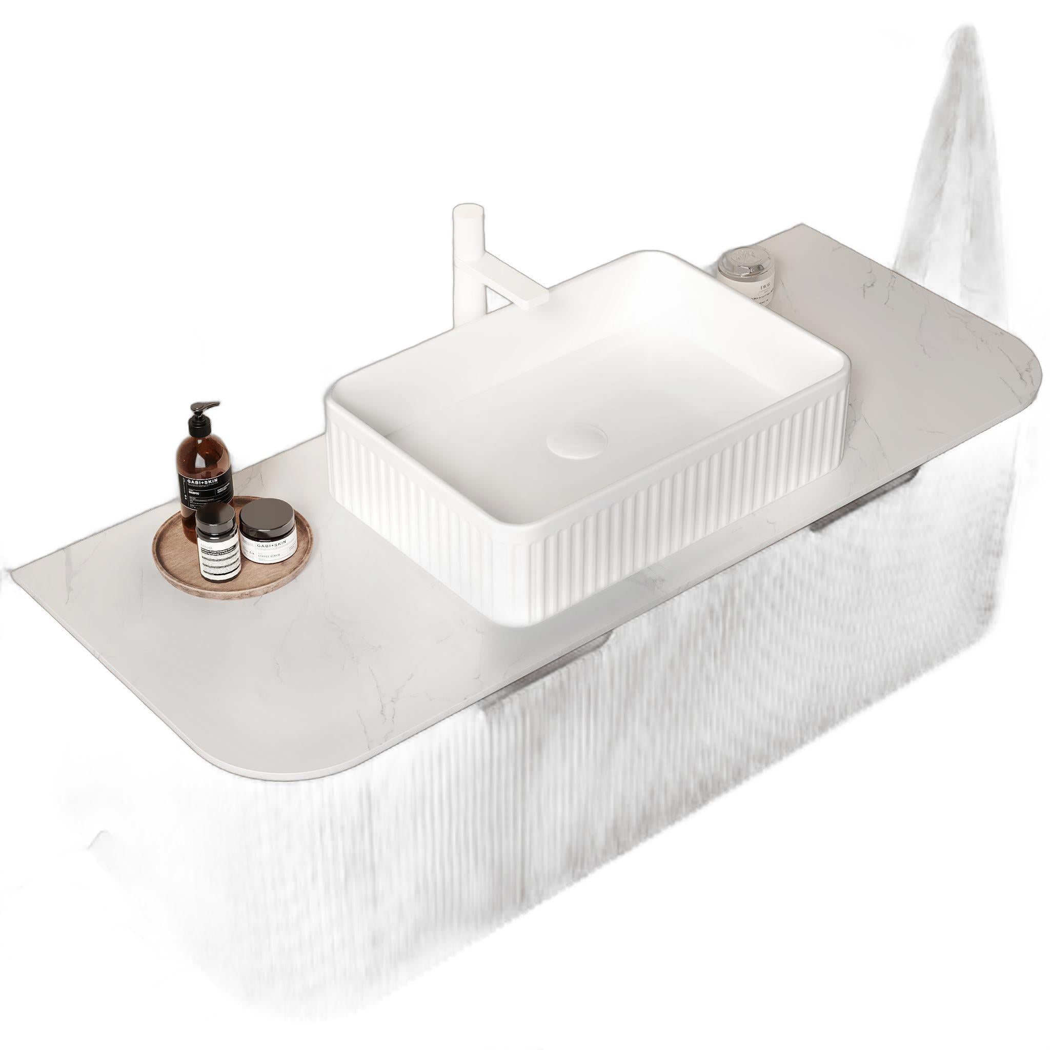 48" Brown Wood Floating Bathroom Vanity With White Sink And Two Drawers