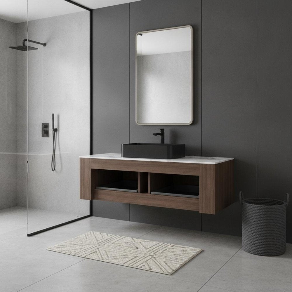48" Brown Wood Floating Bathroom Vanity With Black Sink And Two Drawers