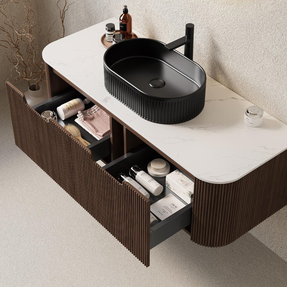48" Brown Wood Floating Bathroom Vanity With Black Sink And Two Drawers