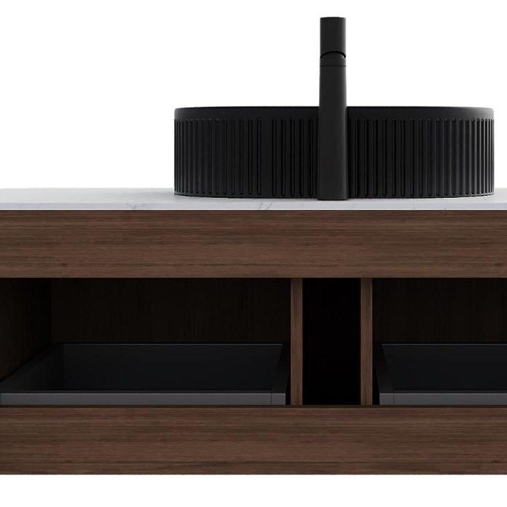 48" Brown Wood Floating Bathroom Vanity With Black Sink And Two Drawers