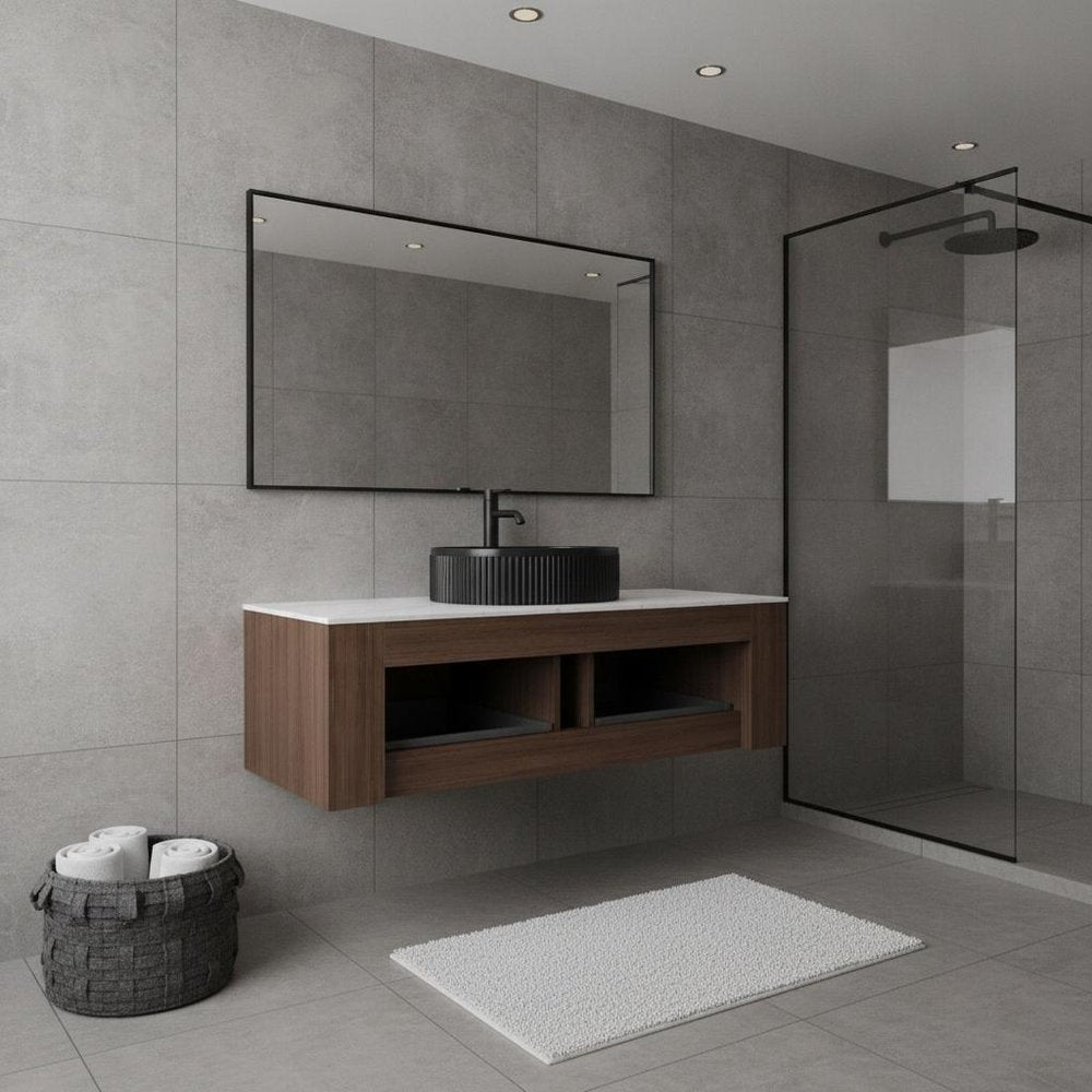48" Brown Wood Floating Bathroom Vanity With Black Sink And Two Drawers