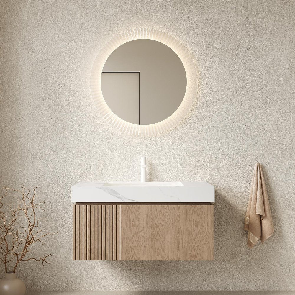 36" Brown Wood Floating Single Door Bathroom Vanity With White Sink