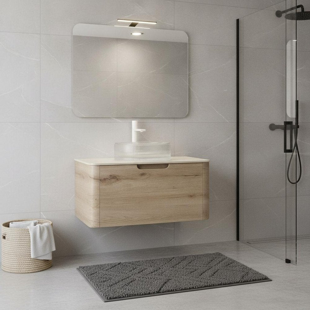 30" Brown Wood Floating Bathroom Vanity With White Sink