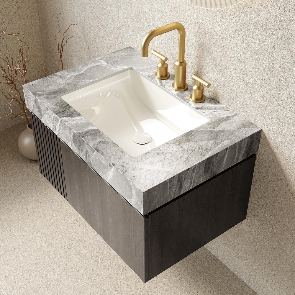 30" Black Wood Floating Single Door Bathroom Vanity With White Sink
