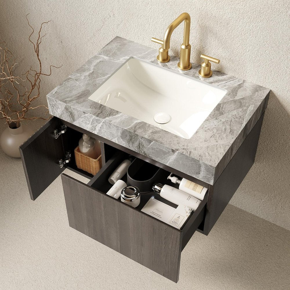 30" Black Wood Floating Single Door Bathroom Vanity With White Sink