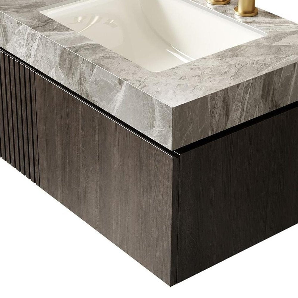 30" Black Wood Floating Single Door Bathroom Vanity With White Sink