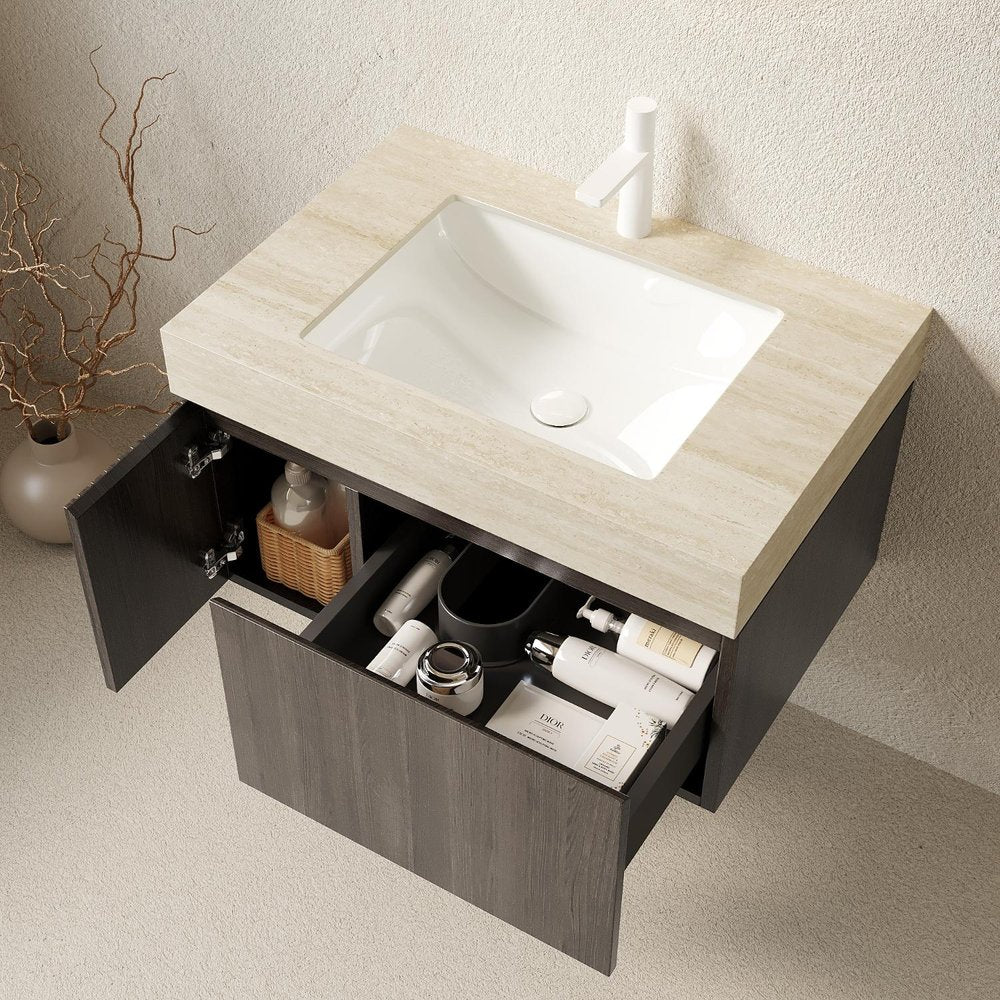 30" Black Wood Floating Bathroom Vanity With White Sink