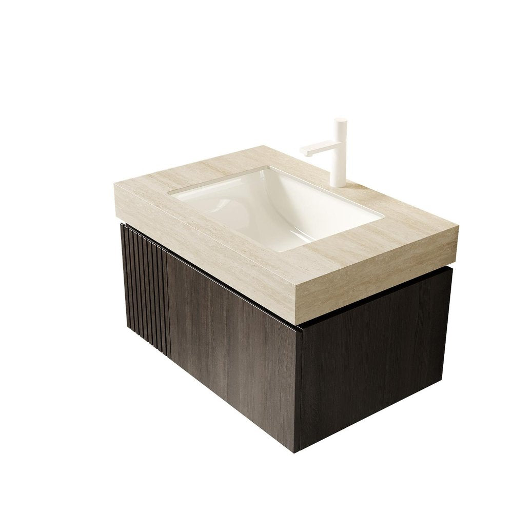 30" Black Wood Floating Bathroom Vanity With White Sink