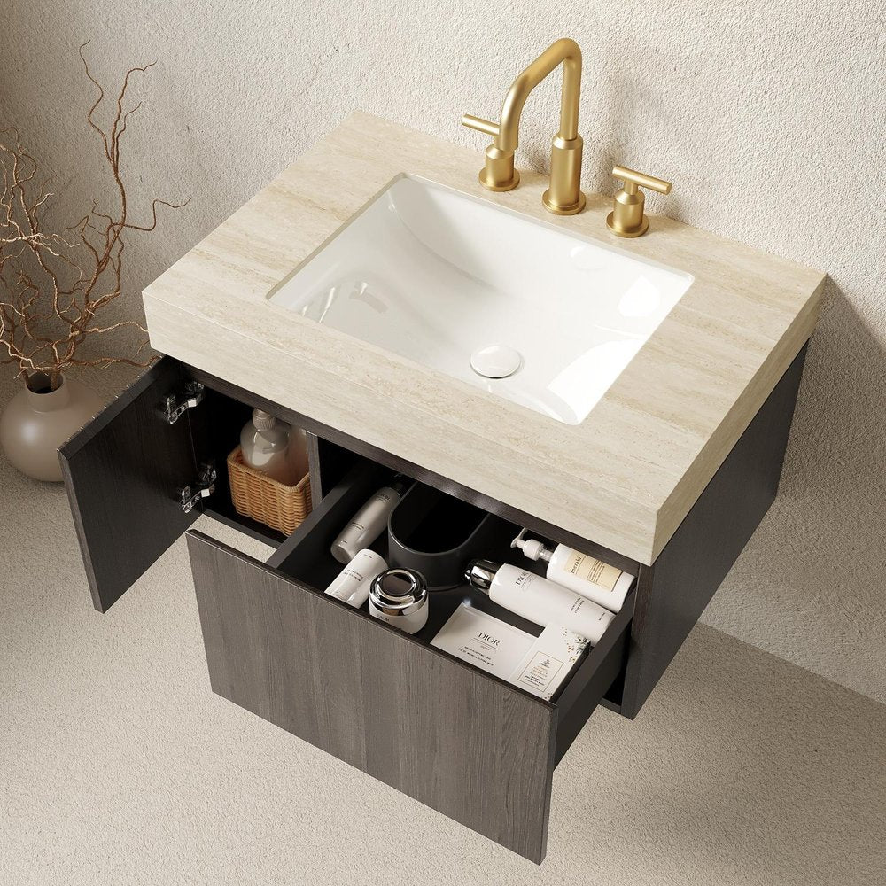 30" Black Wood Floating Single Door Bathroom Vanity With White Sink