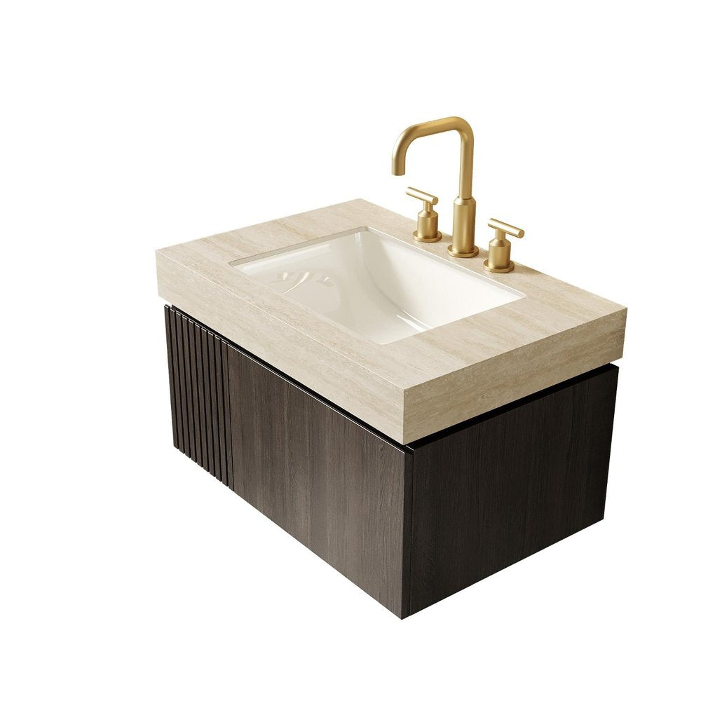 30" Black Wood Floating Single Door Bathroom Vanity With White Sink