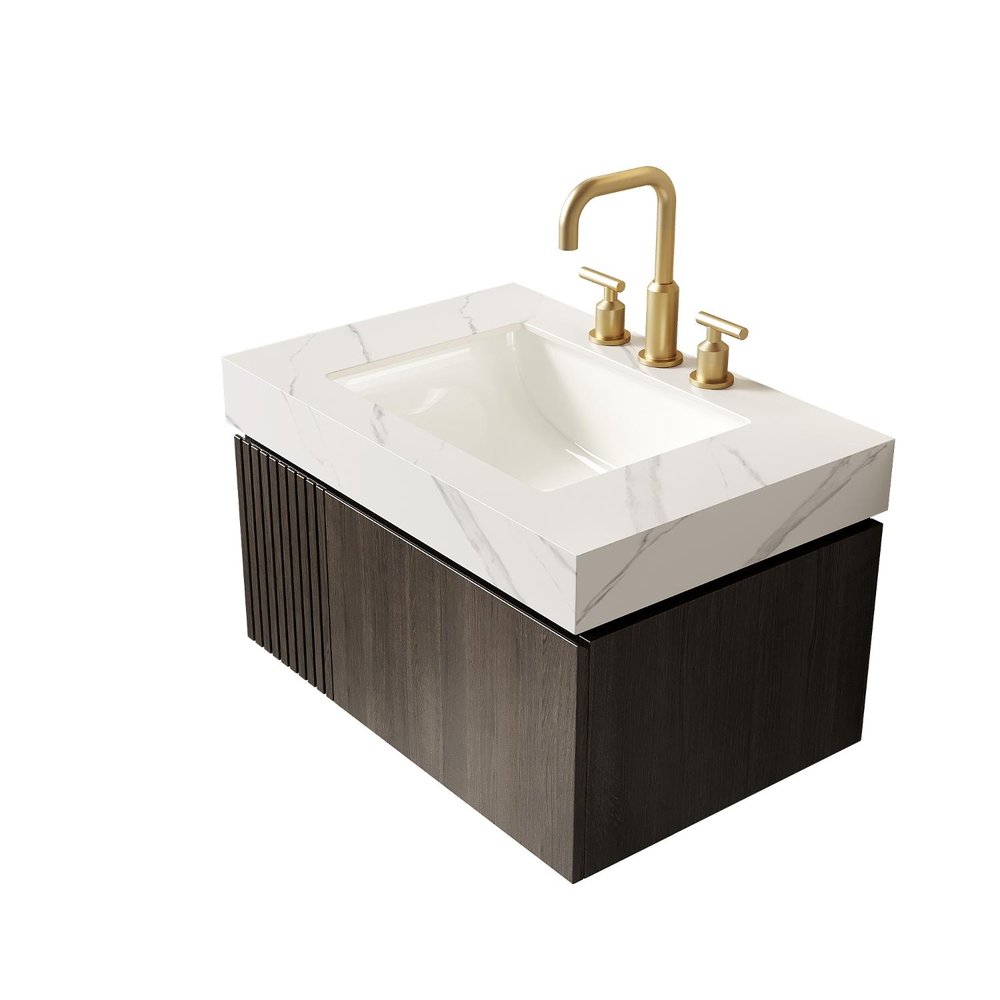 30" Black Wood Floating Single Door Bathroom Vanity With White Sink