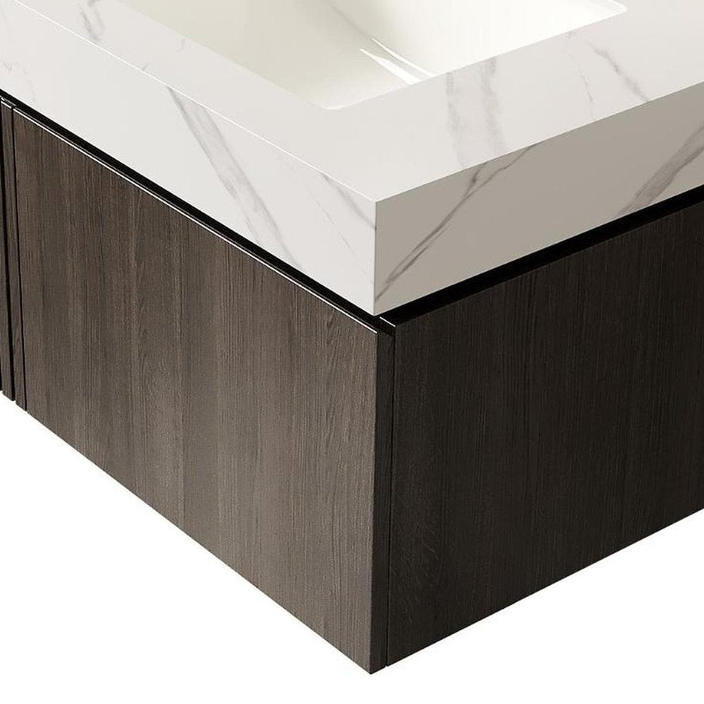 30" Black Wood Floating Single Door Bathroom Vanity With White Sink