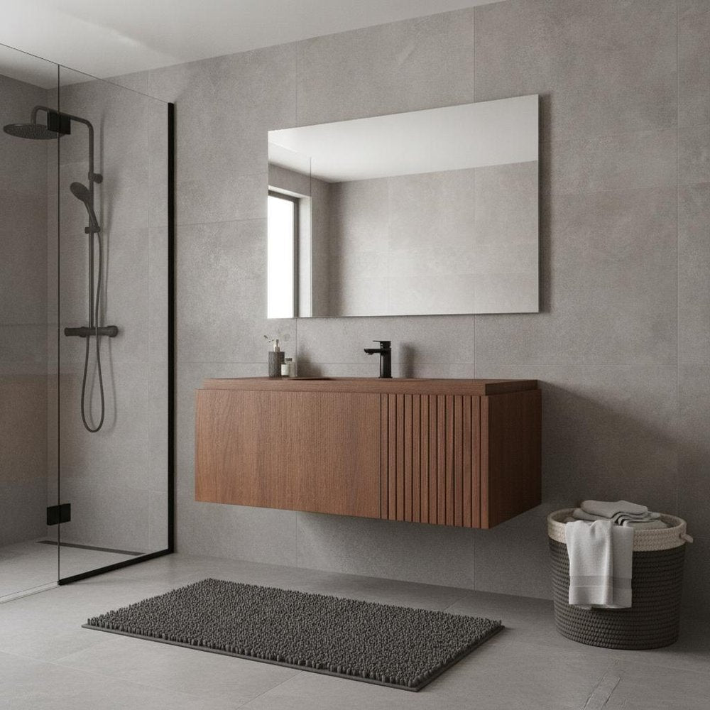 35" Brown Wood Floating Single Door Bathroom Vanity