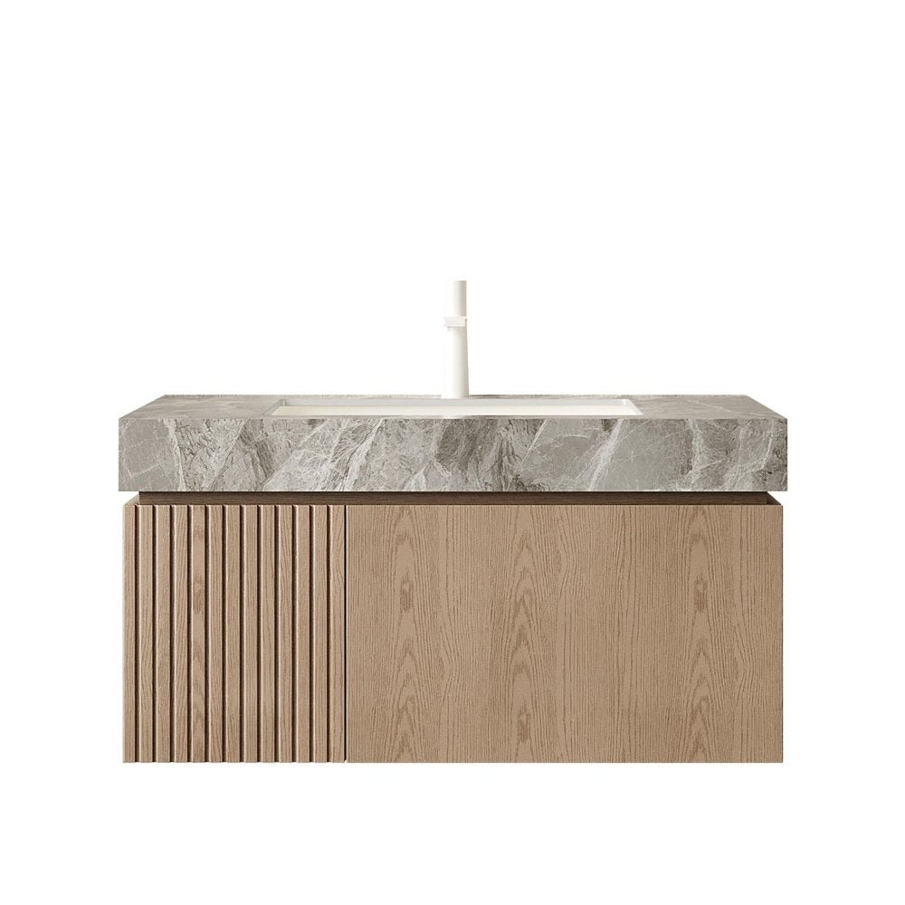 36" Brown Wood Floating Single Door Bathroom Vanity With White Sink