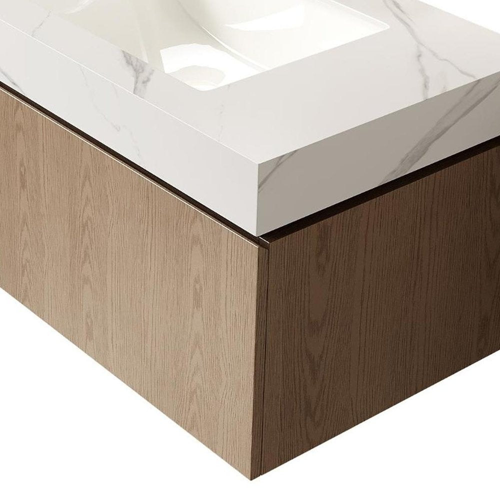 36" Brown Wood Floating Single Door Bathroom Vanity With White Sink