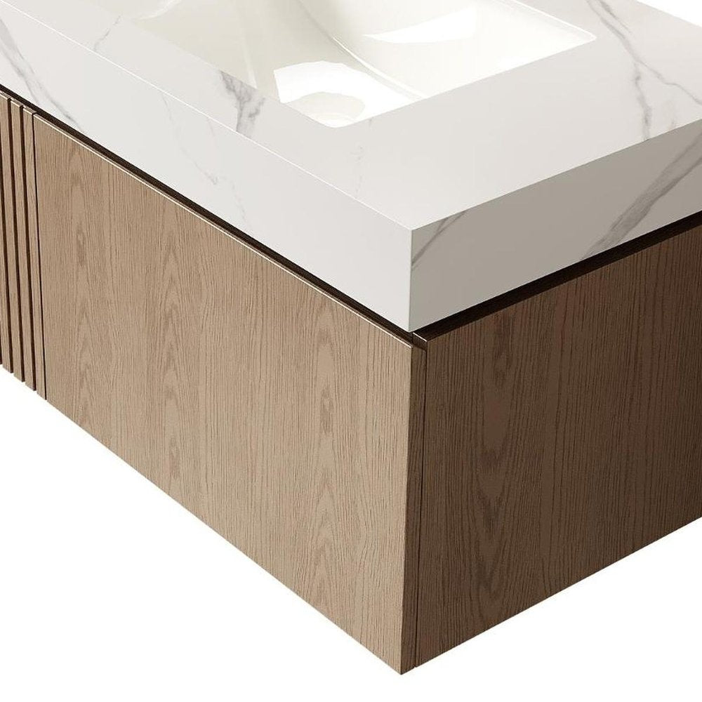36" Brown Wood Floating Single Door Bathroom Vanity With White Sink