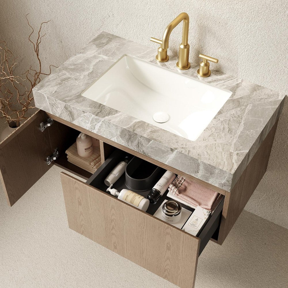 36" Brown Wood Floating Single Door Bathroom Vanity With White Sink