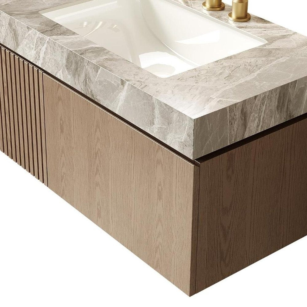 36" Brown Wood Floating Single Door Bathroom Vanity With White Sink