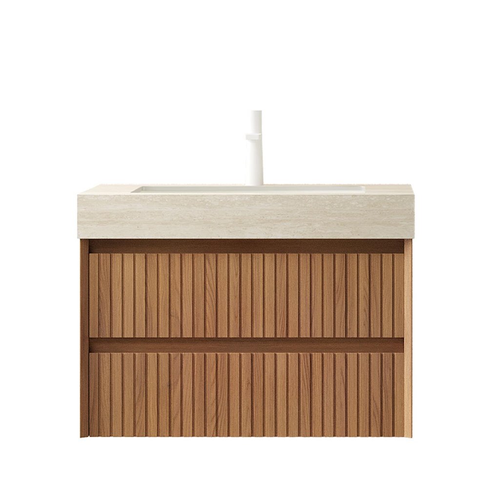 30" Brown Wood Floating Bathroom Vanity With White Sink And Two Drawers