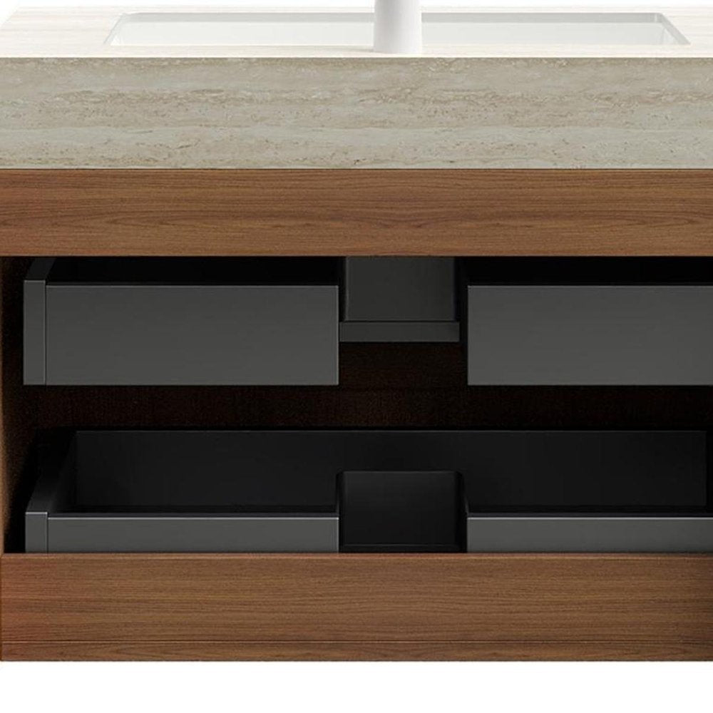 30" Brown Wood Floating Bathroom Vanity With White Sink And Two Drawers