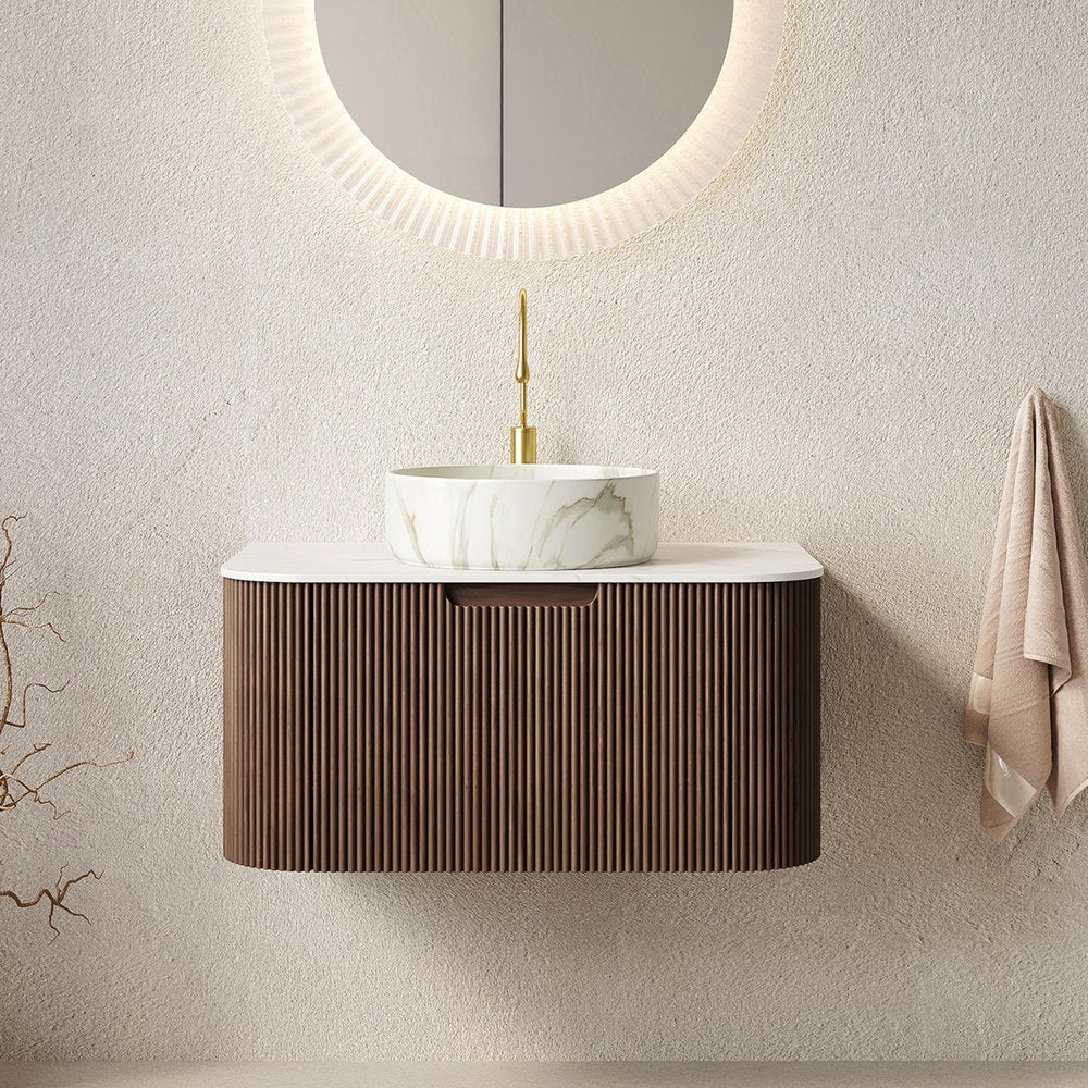 30" Brown Wood Floating Bathroom Vanity With White Sink