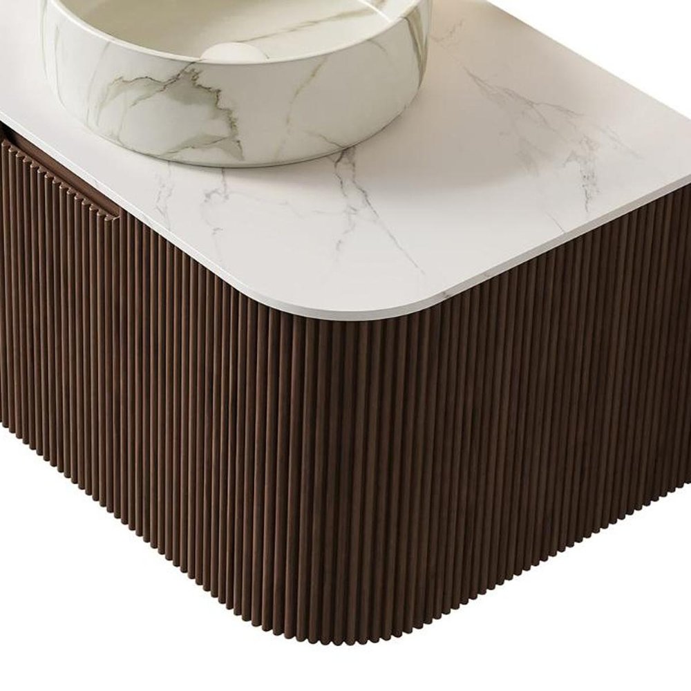 30" Brown Wood Floating Bathroom Vanity With White Sink