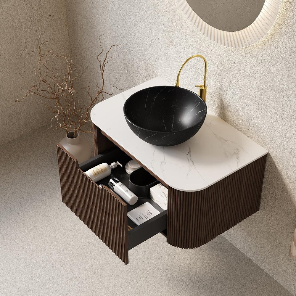 30" Brown Wood Floating Bathroom Vanity With Black Sink