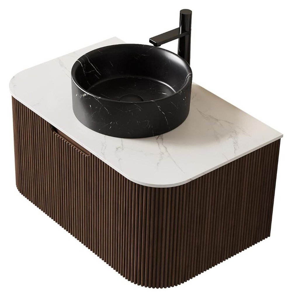 30" Brown Wood Floating Bathroom Vanity With Black Sink