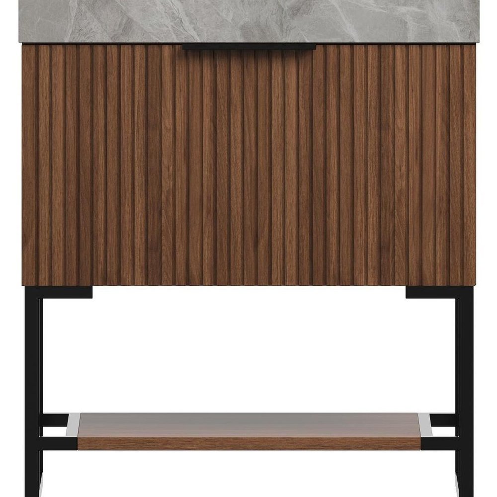 30" Brown Wood Freestanding Bathroom Vanity With White Sink