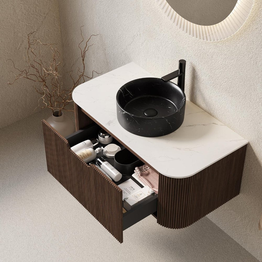 36" Brown Wood Floating Bathroom Vanity With Black Sink